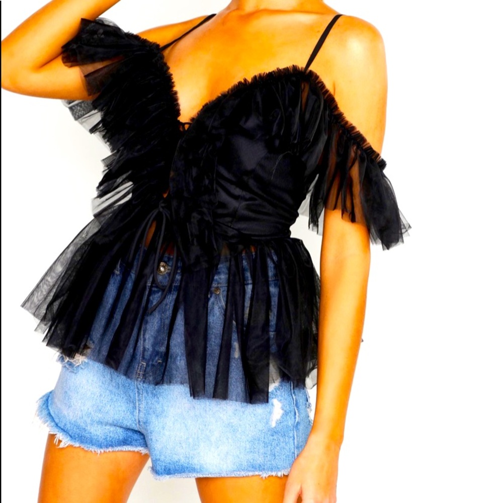 Black Mesh lace up ruffle top